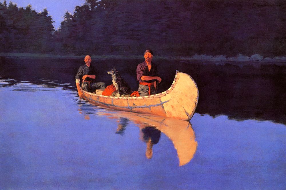 Evening On A Canadian Lake-Two men and a dog in a canoe art print by Frederic Remington for $57.95 CAD