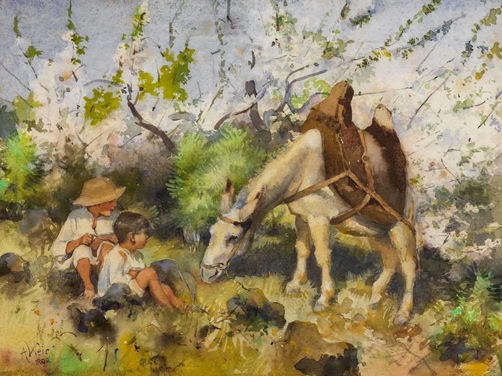 Summer landscape with children and donkey art print by J Alden Weir for $57.95 CAD