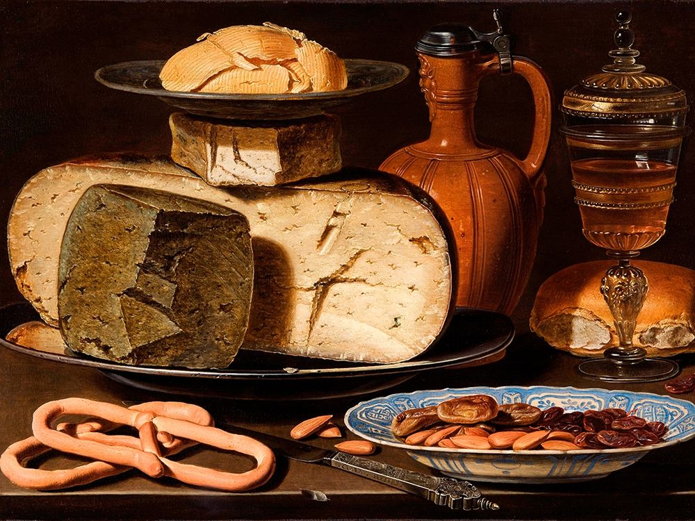 Still Life with Cheeses, Almonds and Pretzels art print by Clara Peeters for $57.95 CAD