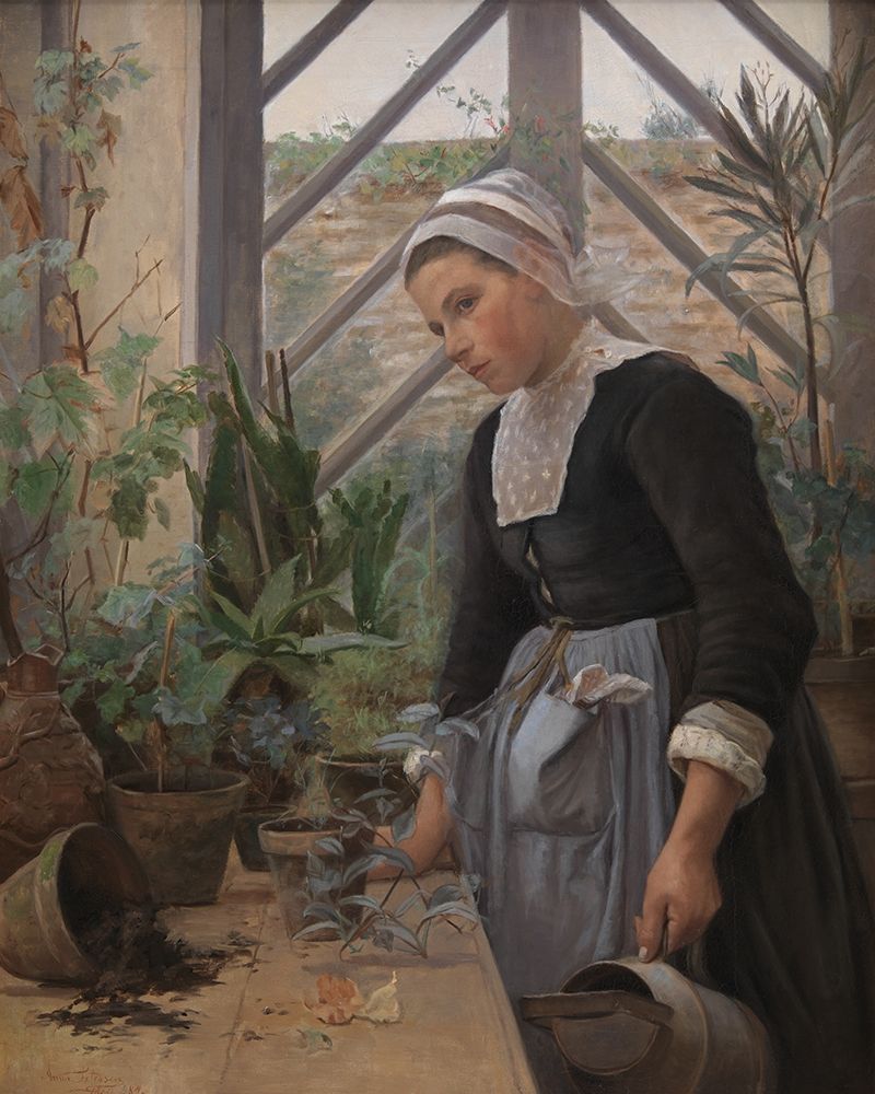 Brittany girl arranges plants in a greenhouse art print by Anna Petersen for $57.95 CAD