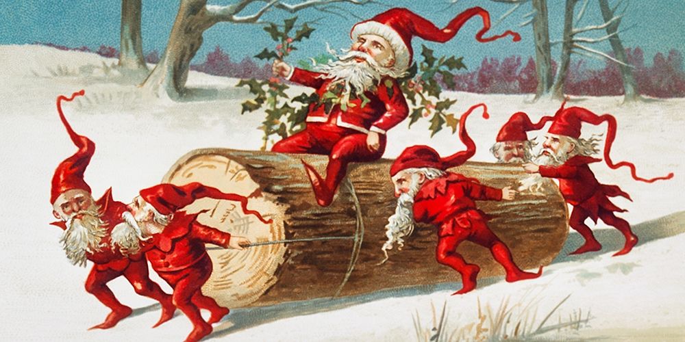 Santa elves sliding on a log art print by Miriam and Ira D Wallach for $57.95 CAD