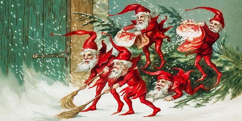 Santa elves sweeping snowÂ  art print by Miriam and Ira D Wallach for $57.95 CAD
