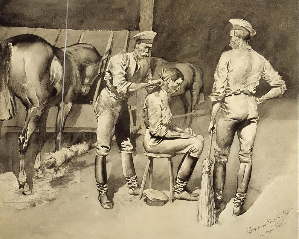 A Haircut in a Cavalry Stable art print by Frederic Remington for $57.95 CAD