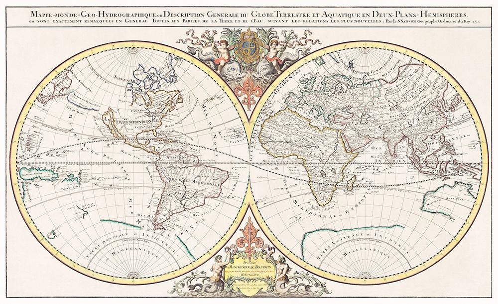 General description of the terrestrial and aquatic globe in two hemispherical planes 1691 art print by Alexis Hubert Jaillot for $57.95 CAD