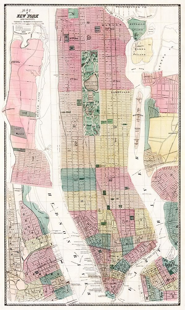 Map of New York and Vicinity 1869 art print by Matthew Dripps for $57.95 CAD