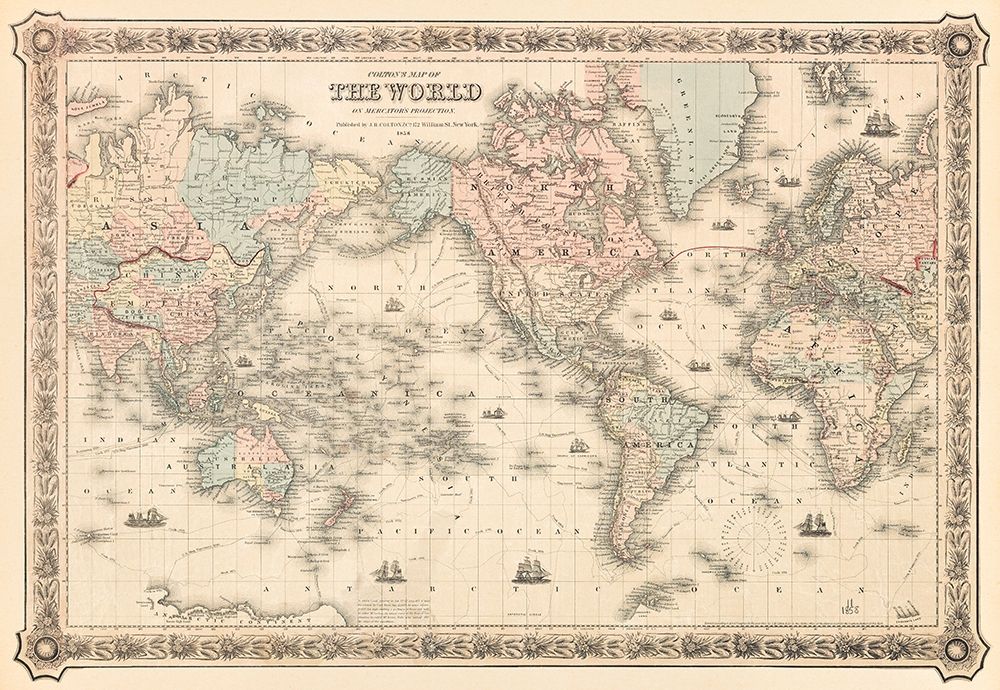 Coltons Map of the World on Mercators Projection 1858 art print by J H Colton and Co for $57.95 CAD
