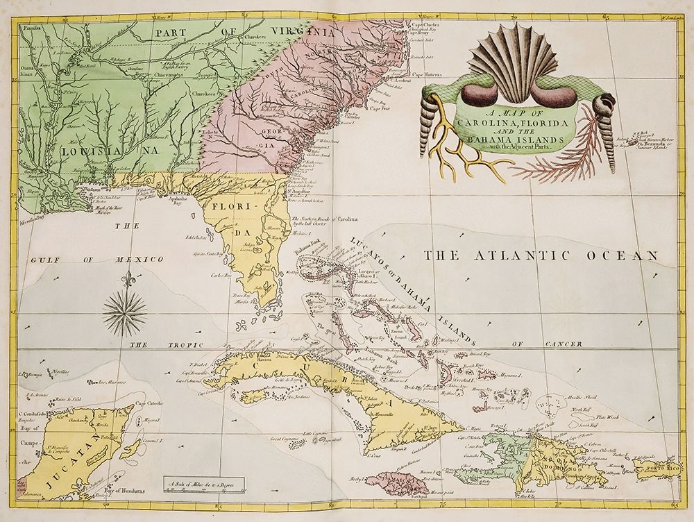 A map of Carolina-Florida and the Bahama Islands 1754 art print by Mark Catesby for $57.95 CAD