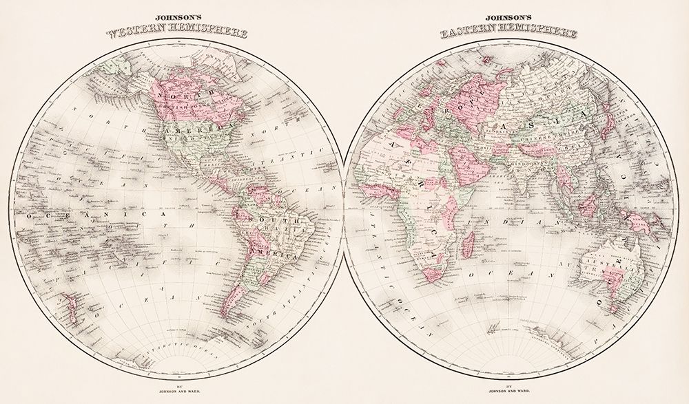 Johnsons Western and Eastern Hemisphere 1866 art print by Johnson and Ward for $57.95 CAD