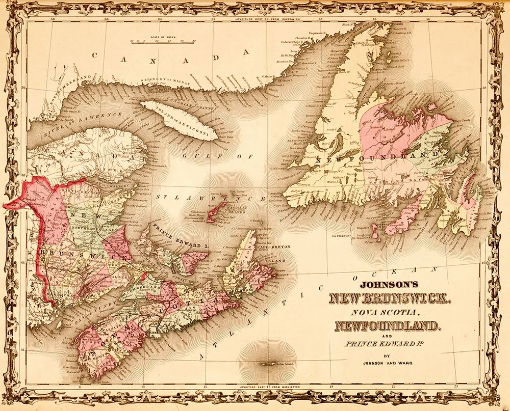 New Brunswick and Newfoundland 1862 art print by Vintage Maps for $57.95 CAD