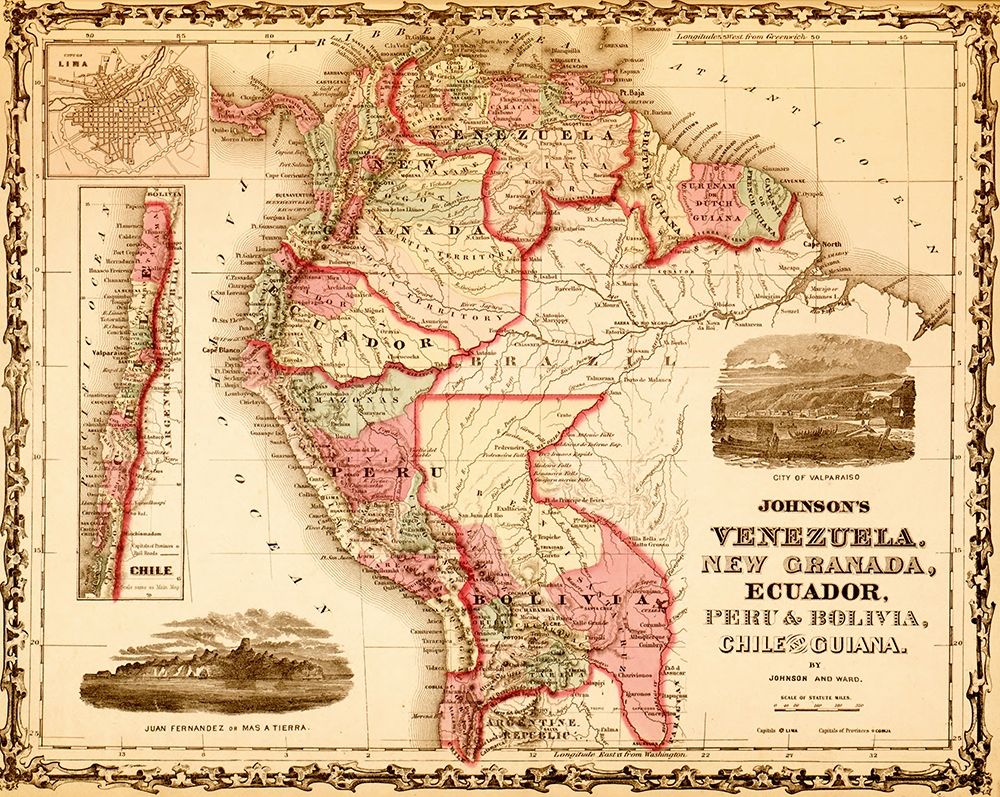 Venezuela New Granada Ecuador Peru Bolivia Chile and Guiana 1862 art print by Vintage Maps for $57.95 CAD