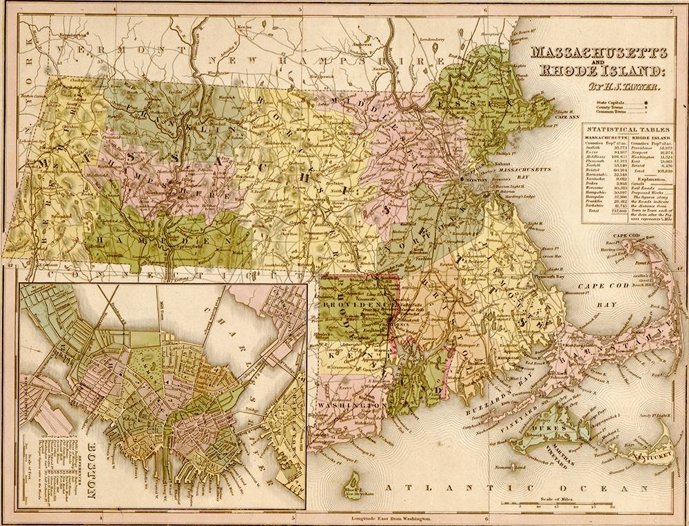 Massachusetts and Rhode Island 1844 art print by Vintage Maps for $57.95 CAD