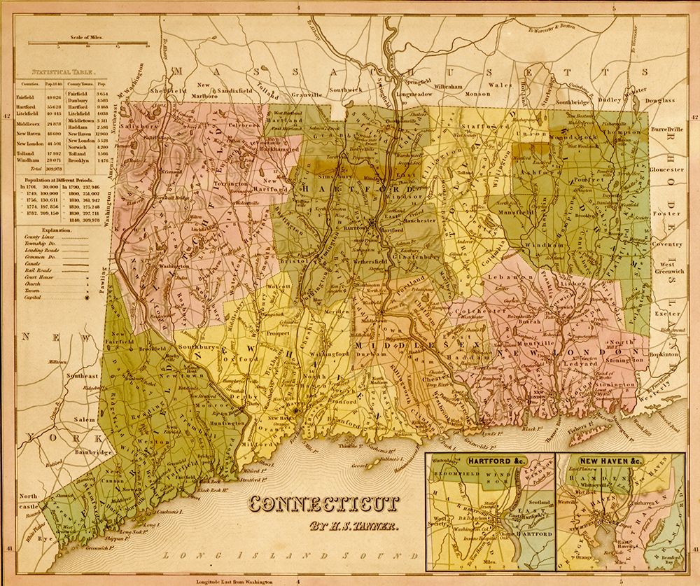 Connecticut 1844 art print by Vintage Maps for $57.95 CAD