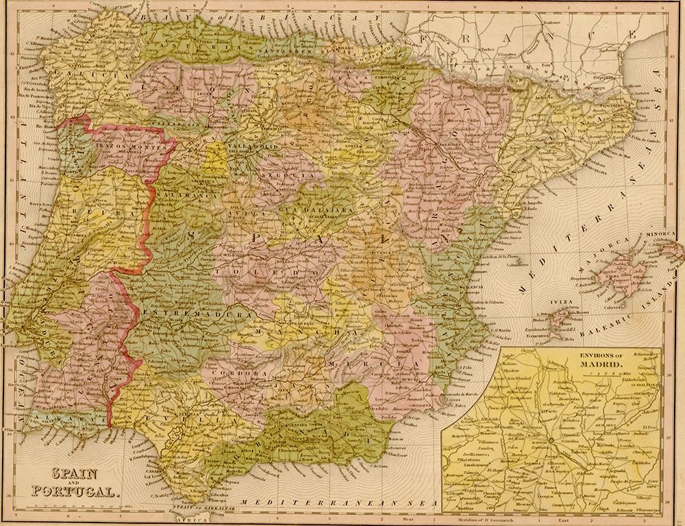 Spain and Portugal art print by Vintage Maps for $57.95 CAD