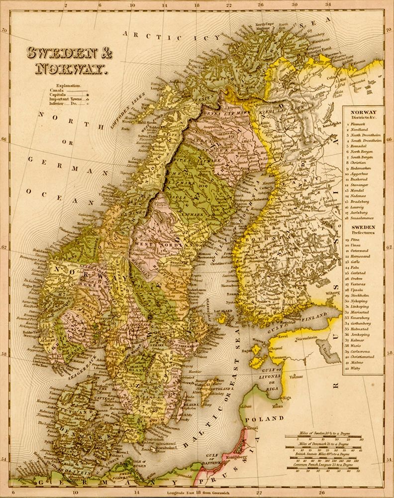 Sweden and Norway 1844 art print by Vintage Maps for $57.95 CAD