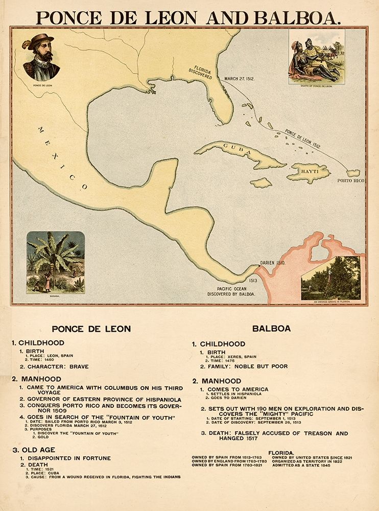 Ponce de Leon and Balboa art print by Vintage Maps for $57.95 CAD