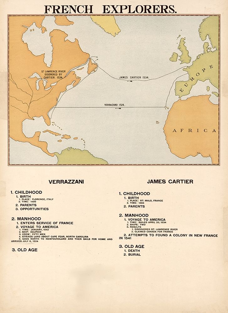 French Explorers Cartier and Verrazano art print by Vintage Maps for $57.95 CAD