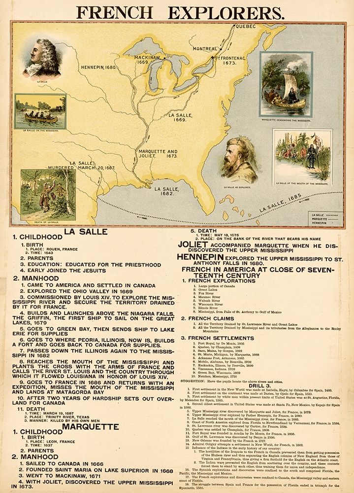 French Explorers La Salle Marquette Joliet and Hennepin art print by Vintage Maps for $57.95 CAD
