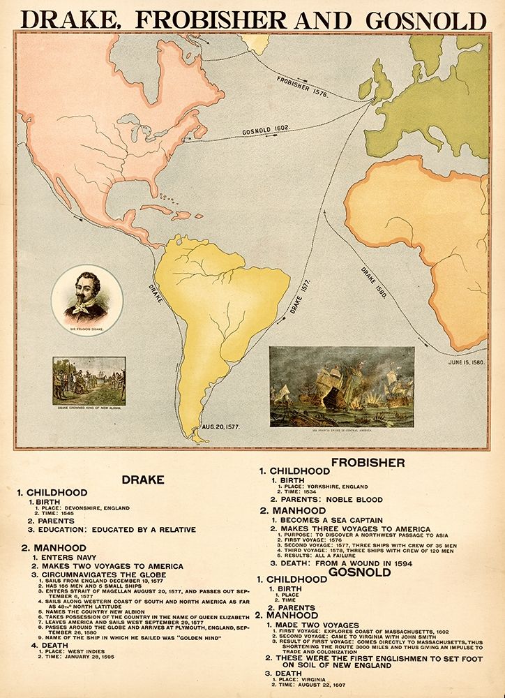 English Explorers Frobisher Drake and Gosnold art print by Vintage Maps for $57.95 CAD