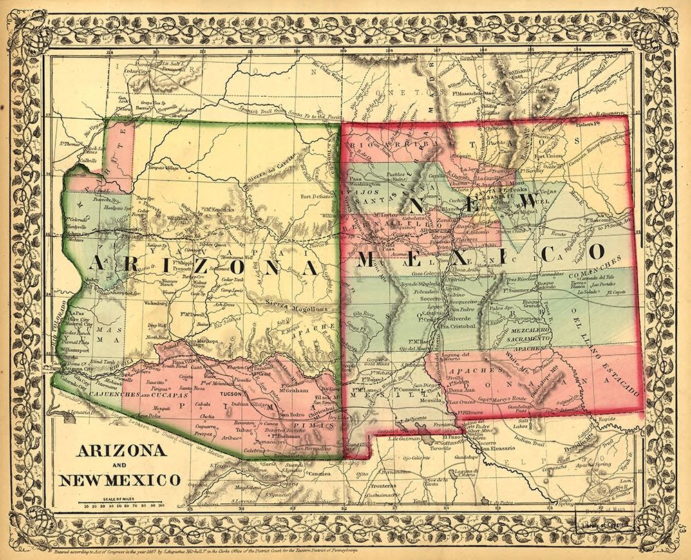 Arizona and New Mexico 1867 art print by Vintage Maps for $57.95 CAD