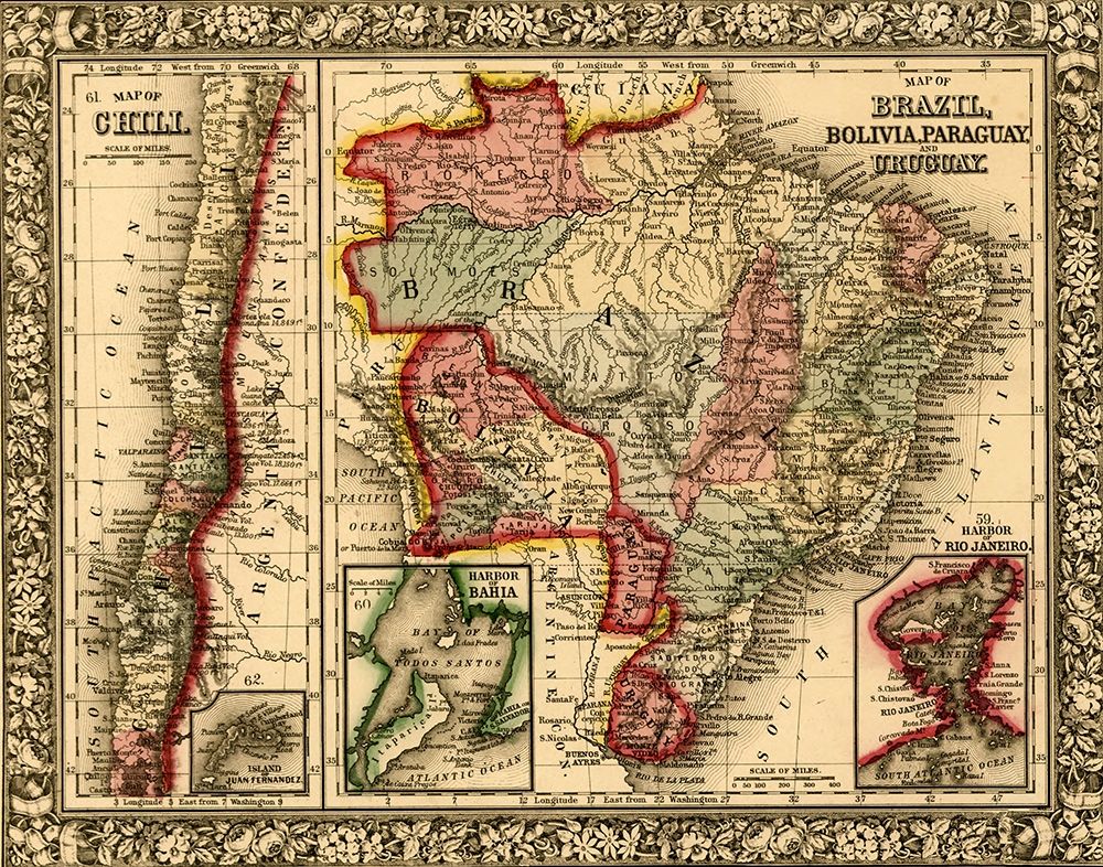 Brazil-Bolivia-Paraguay-Uruguay-Chili 1870 art print by Vintage Maps for $57.95 CAD