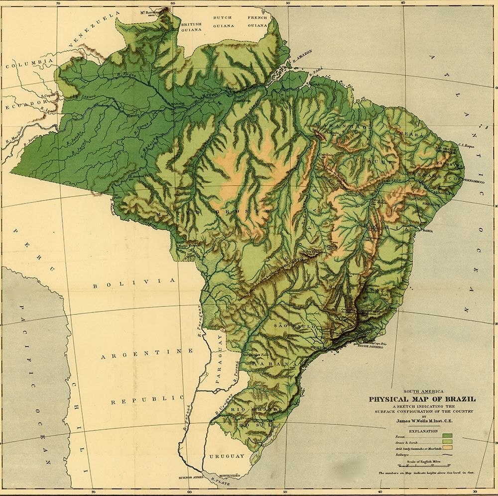 Physical Map of Brazil-the Amazon and Its tributaries 1886 art print by Vintage Maps for $57.95 CAD