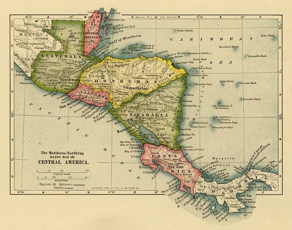 Panama Costa Rica Hondouras Guatemala Salvador British Honduras 1902 art print by Vintage Maps for $57.95 CAD