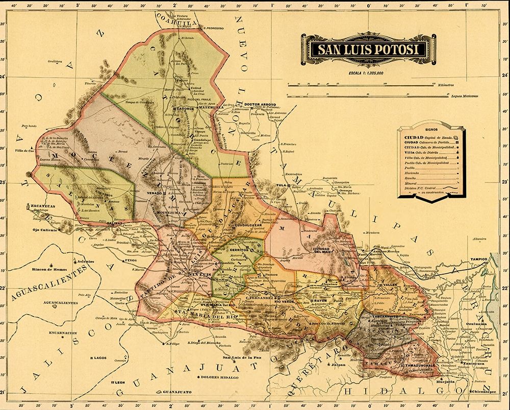 San Luis Potosi 1844 art print by Vintage Maps for $57.95 CAD