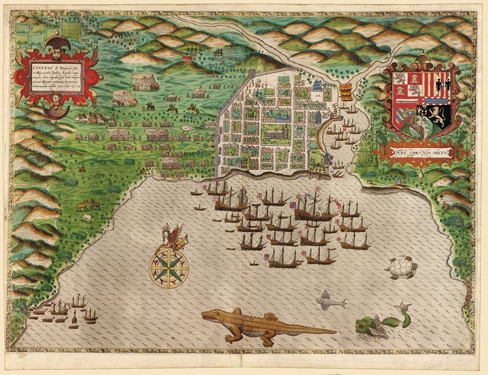 Sir Francis Drakes West Voyage to the West Indies Santo Domingo 1589 art print by Vintage Maps for $57.95 CAD