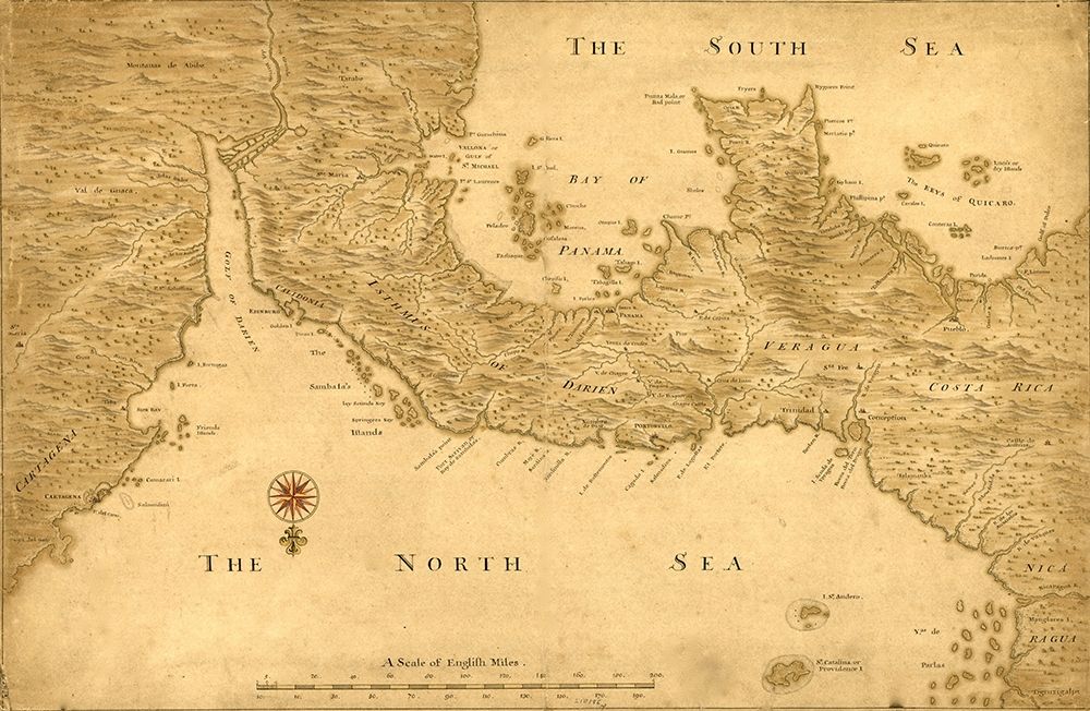 Isthmus of Panama from Cartagena to Nicaragua showing both coasts 1750 art print by Vintage Maps for $57.95 CAD