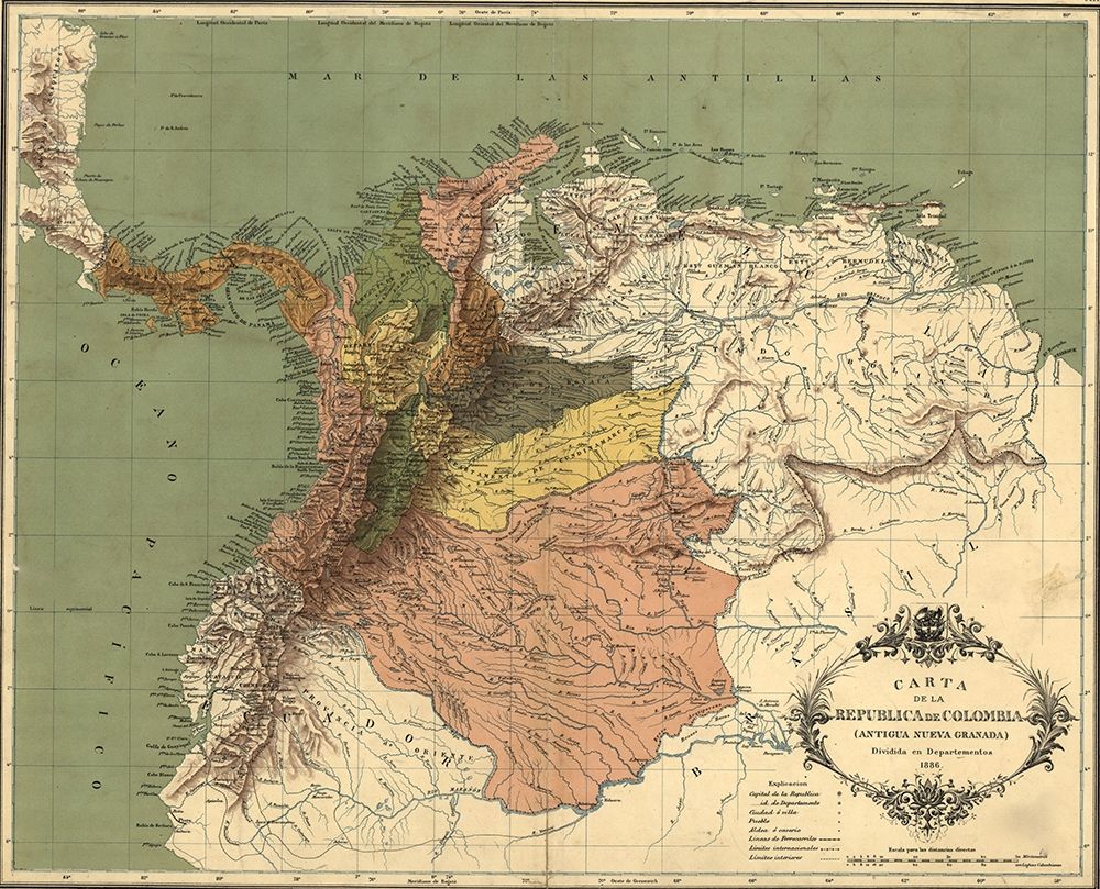 Map of the Republic of Colombia 1886 art print by Vintage Maps for $57.95 CAD