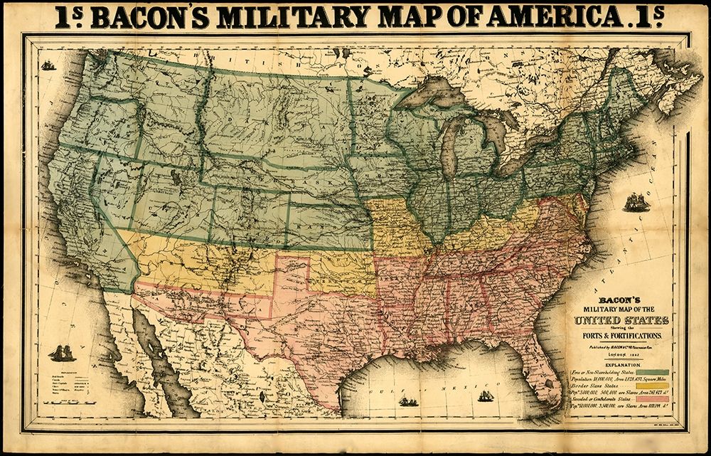 Bacons military map of the United States showing the forts and fortifications 1862 art print by Vintage Maps for $57.95 CAD