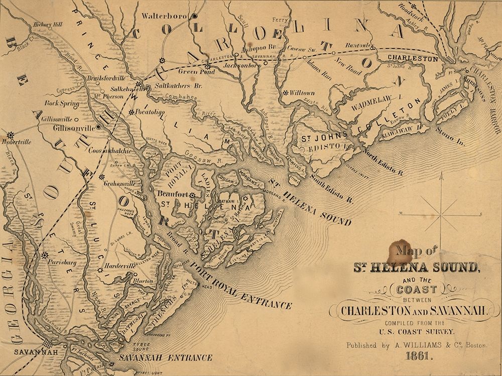 St Helena Sound and the coast between Charleston and Savannah 1861 art print by Vintage Maps for $57.95 CAD