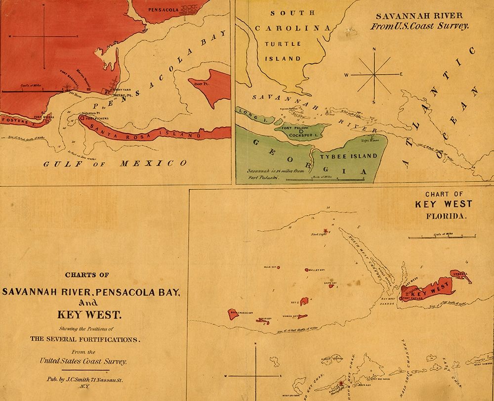 Charts of Savannah River Pensacola Bay and Key West Showing the positions of the several fortificati art print by Vintage Maps for $57.95 CAD