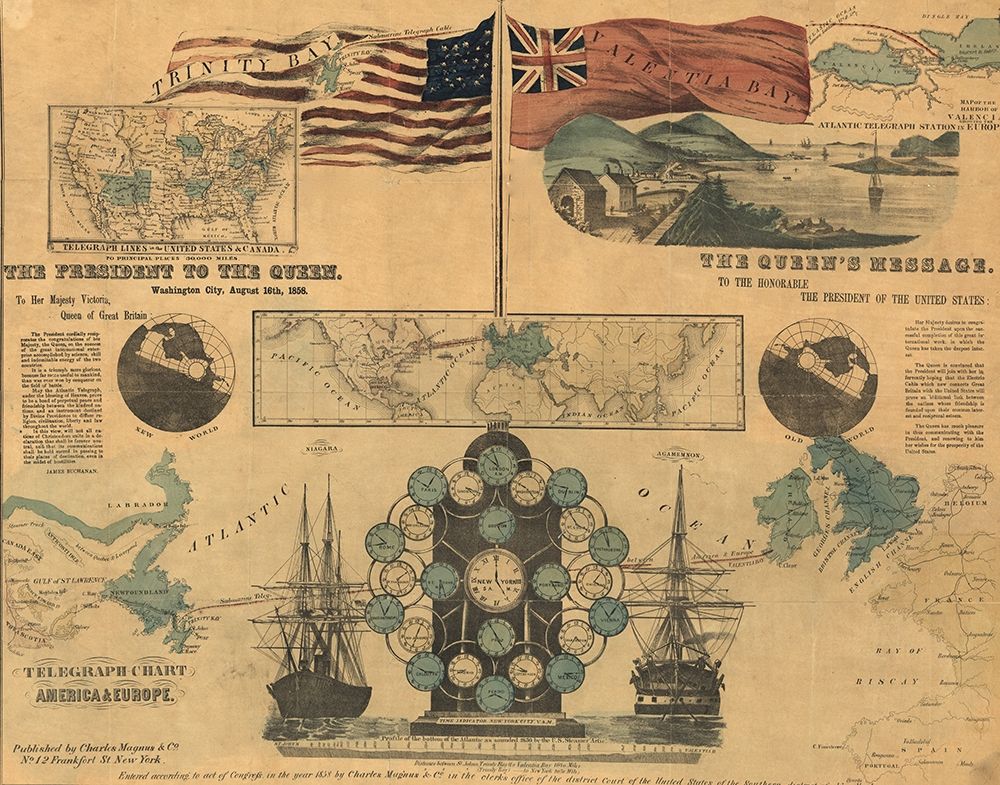 Telegraph Chart of America and Europe 1858 art print by Vintage Maps for $57.95 CAD