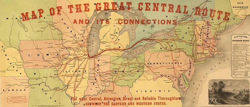 Great Central Route and Connections 1855 art print by Vintage Maps for $57.95 CAD