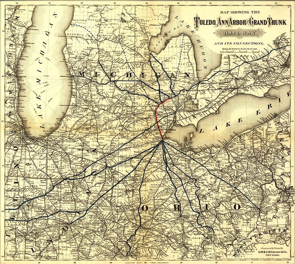 Toledo Ann Arbor Grand Trunk Railway 1881 art print by Vintage Maps for $57.95 CAD