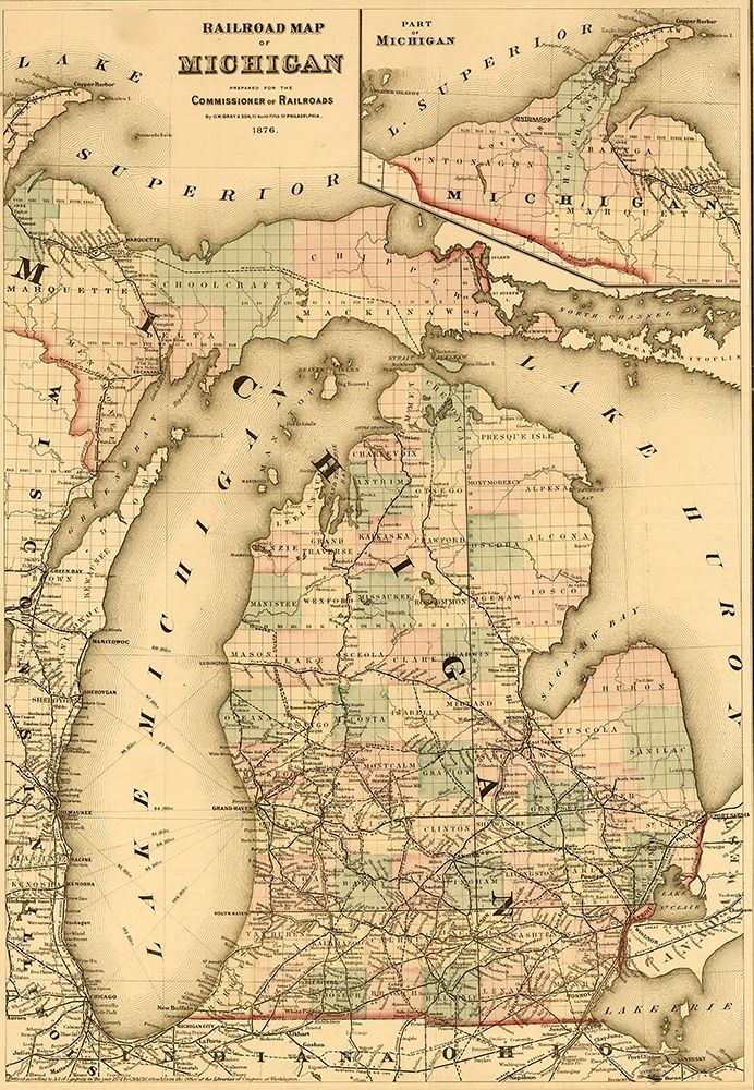 Railroads of Michigan 1874 art print by Vintage Maps for $57.95 CAD