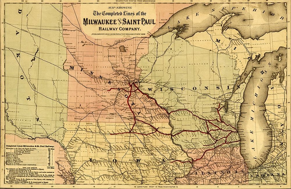 Milwaukee and Saint Paul Railway 1872 art print by Vintage Maps for $57.95 CAD