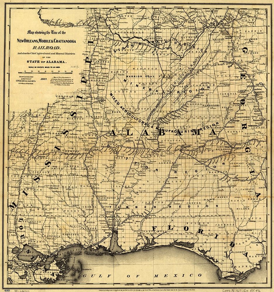 New Orleans Mobile and Chattanooga Railroad 1865 art print by Vintage Maps for $57.95 CAD