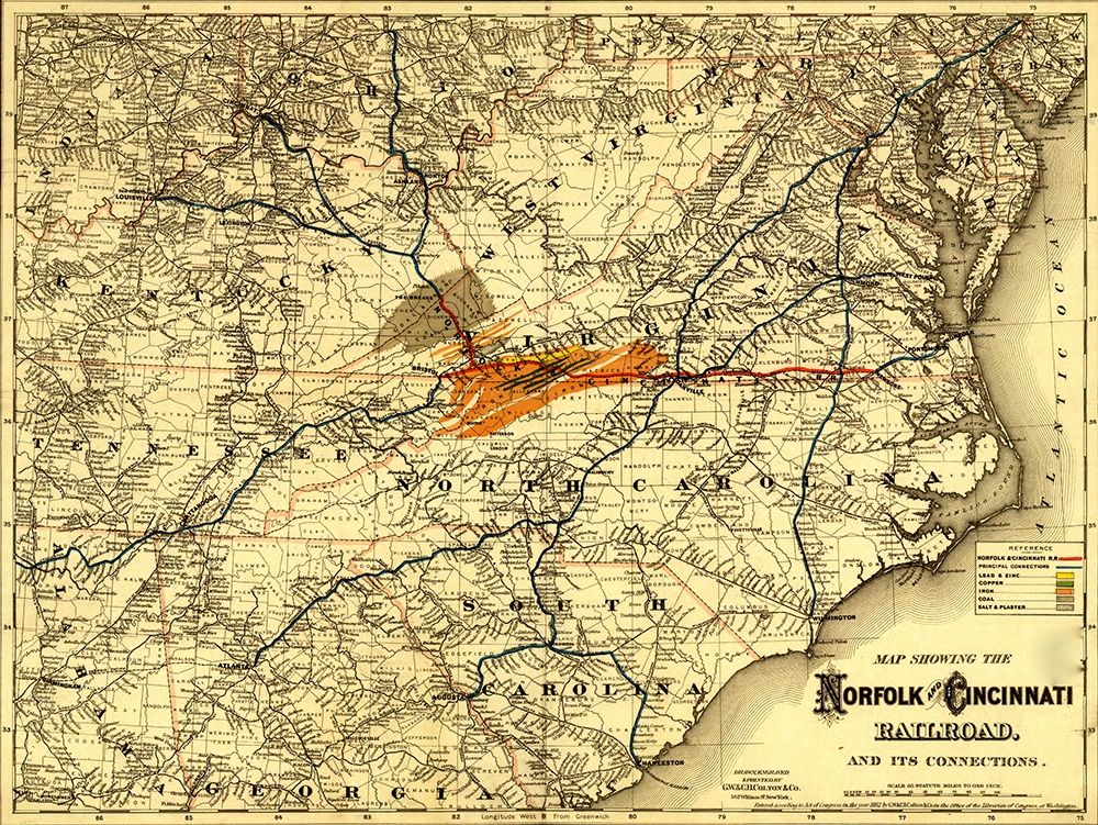Norfolk and Cincinnati Railroad 1882 art print by Vintage Maps for $57.95 CAD