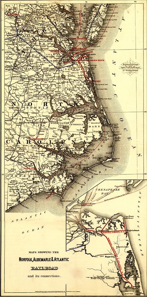 Norfolk Albermarle and Atlantic Railroad 1891 art print by Vintage Maps for $57.95 CAD
