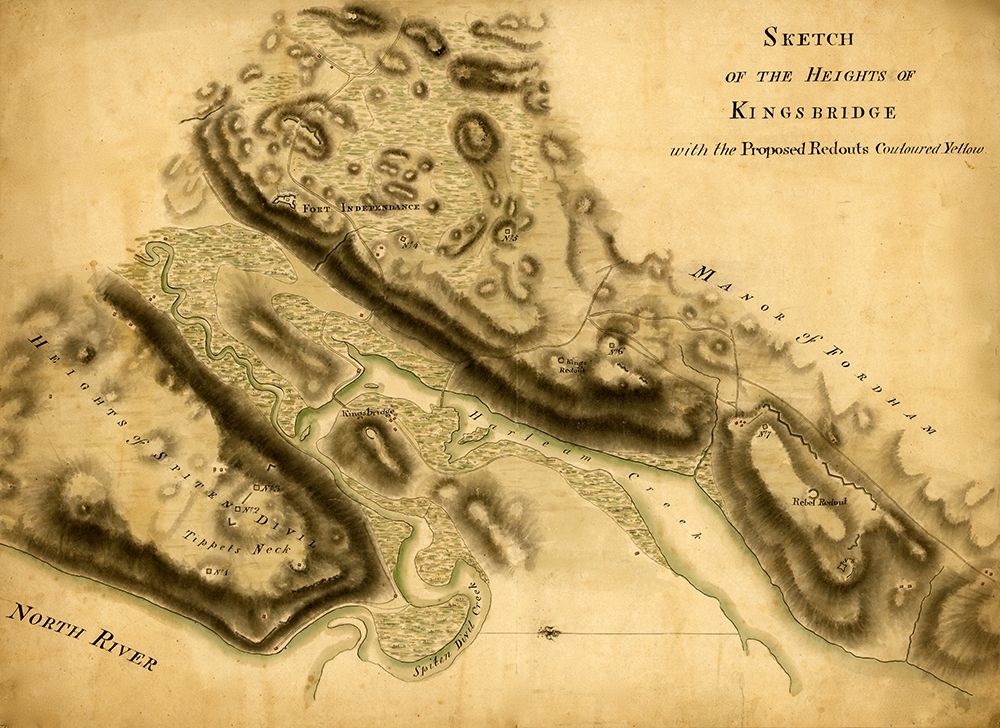 Sketch of the Heights of Kingsbridge with the proposed redoubts colored yellow 1777 art print by Vintage Maps for $57.95 CAD