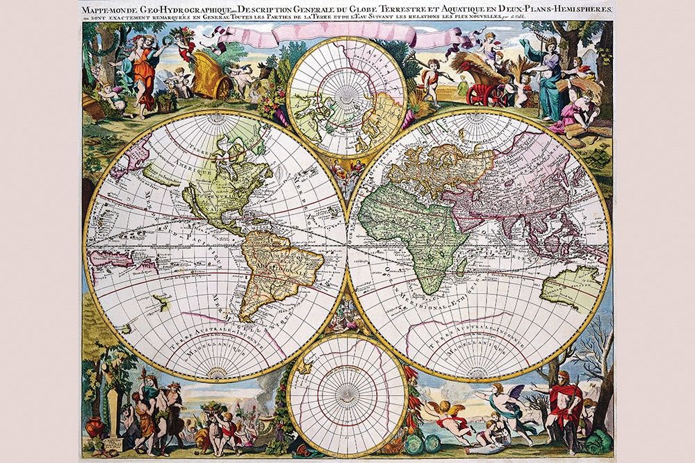 Stereographic Map of the World with Classical Illustration art print by Gerard Valk for $57.95 CAD