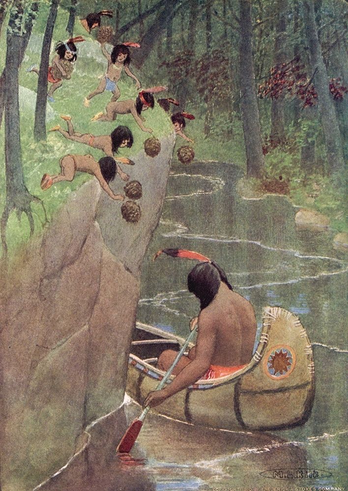 They hurled down pinecones from Story of Hiawatha 1910 art print by Maria Kirk for $57.95 CAD