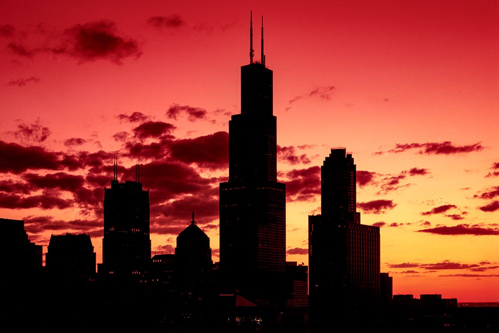Chicagos Skyline appears in silhouette at sunset art print by Carol Highsmith for $57.95 CAD