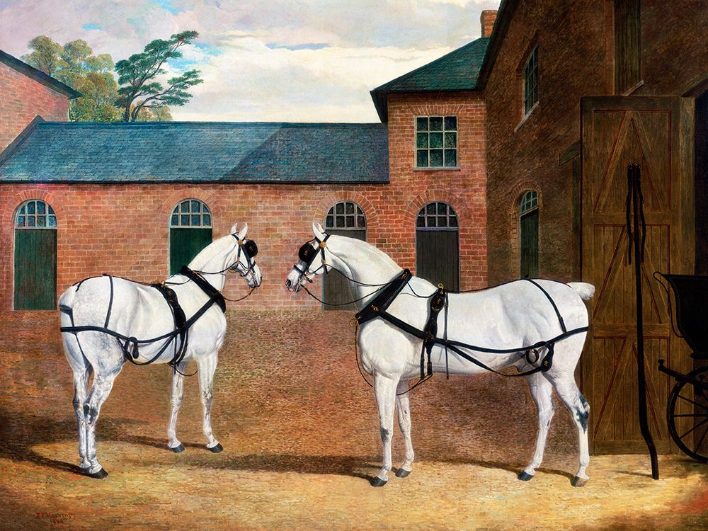 Grey carriage horses in the coachyard at Putteridge Bury-Hertfordshire art print by John Frederick Herring for $57.95 CAD