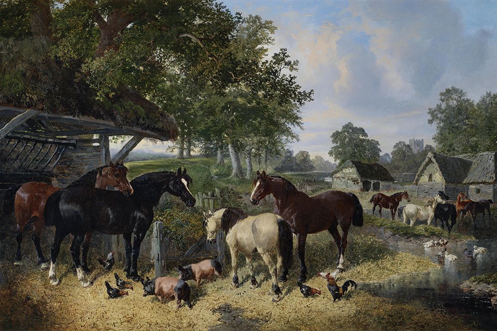 Horses-pigs and chickens in a farmyard art print by John Frederick Herring for $57.95 CAD