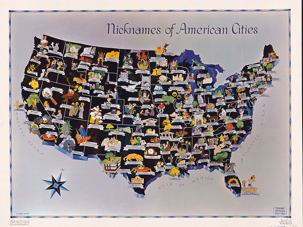 Nicknames of American Cities on US Map 1951 art print by Vintage Photography for $57.95 CAD