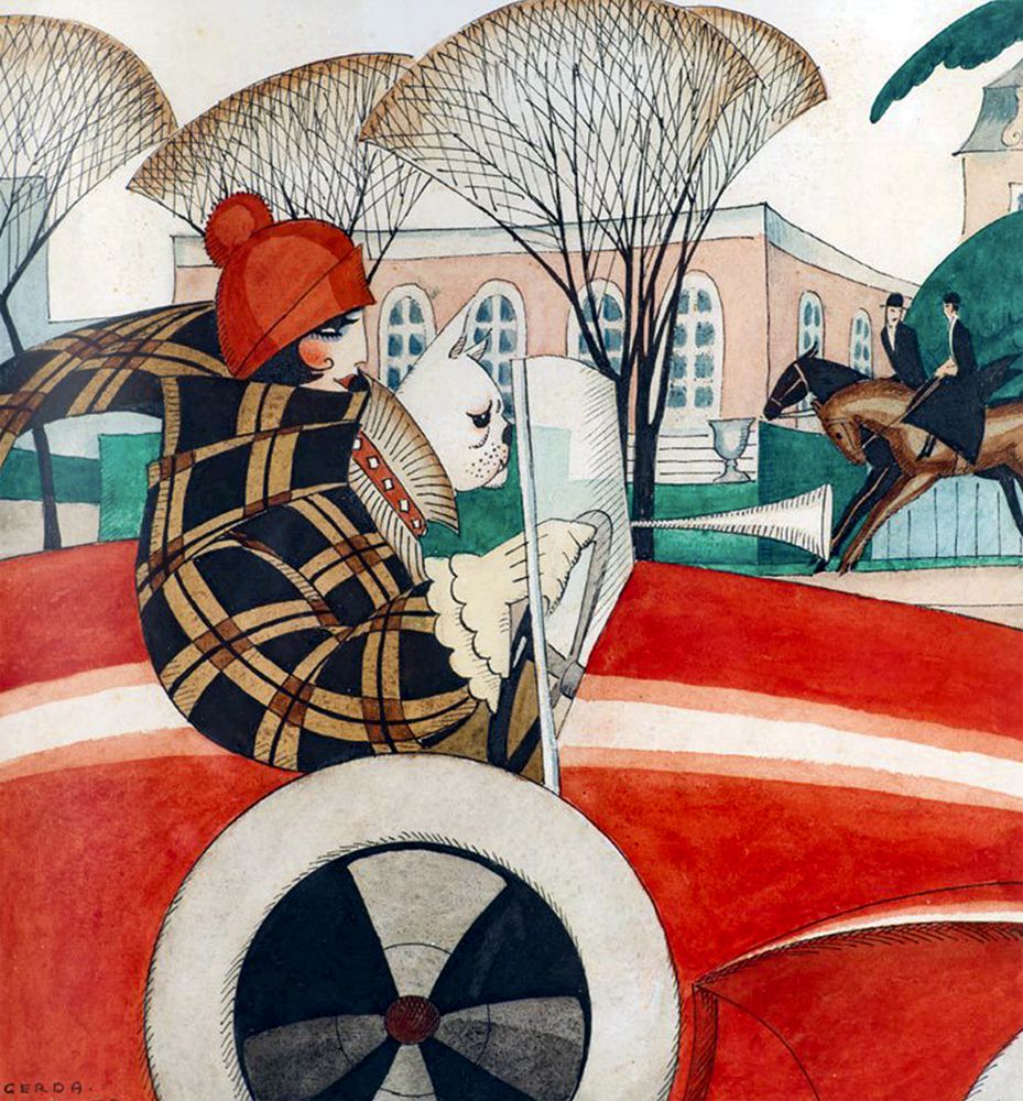 Girl and pug in an Automobile art print by Gerda Wegener for $57.95 CAD