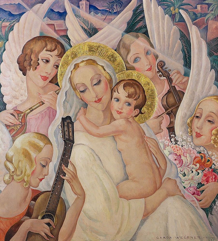 Madonna and child-surrounded by angels with musical instruments art print by Gerda Wegener for $57.95 CAD